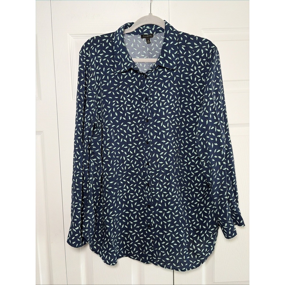 Talbots Feather Print Button Down Womens Size XL Navy Blue Long Sleeve Blouse
